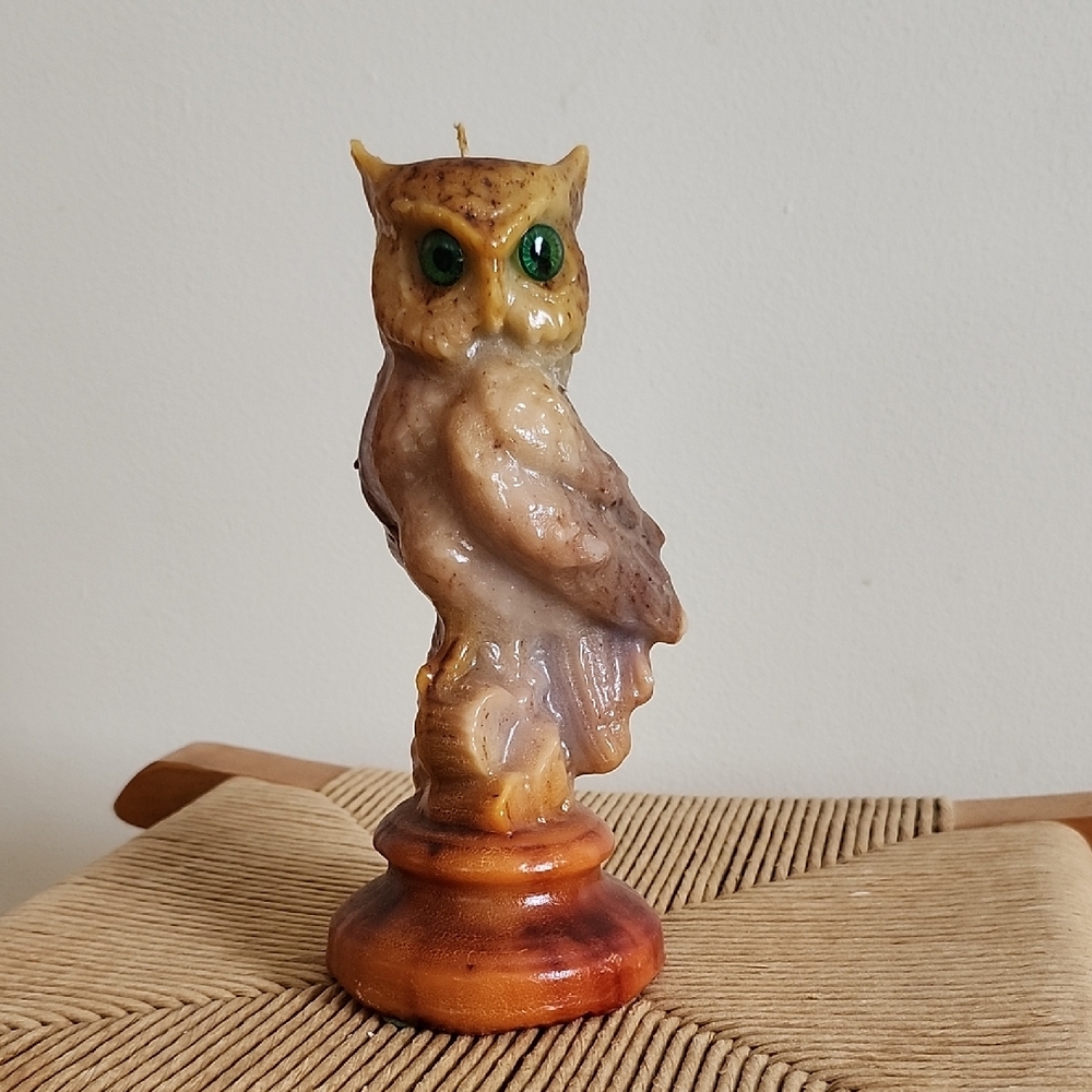 Owl Shaped Candle - Brown and Cream Green Eyes 1970s